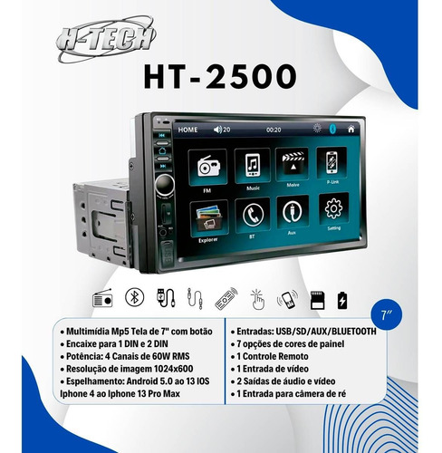 Central Multimídia Mp5 1din 2din 7po Espelhamento Usb Bt Aux