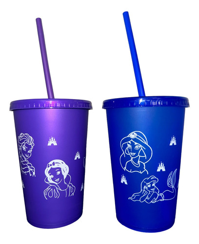 10 Vaso Princesa Reutilizable Con Tapa Y Popote Para Fiesta