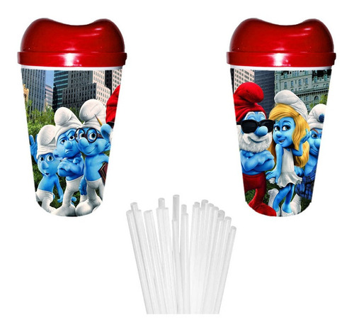 12 Vaso Pitillo Pitufos Sorpresa Piñata Regalo Fiesta