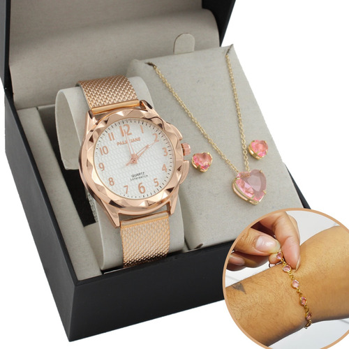 Relógio Feminino Rose Gold Corrente Dourada Coração C/ Pedra