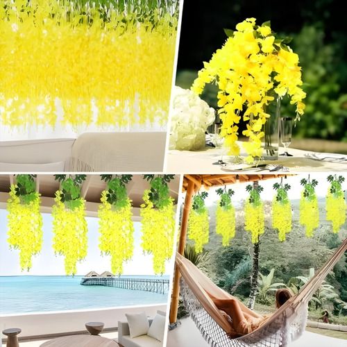 1.1m Flores Artificiales Glicina De 12pk Wisteria Colgantes Amarillo