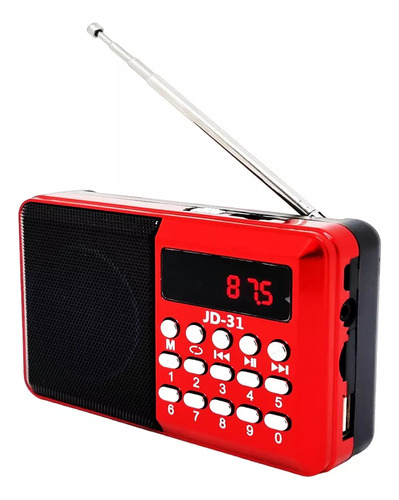 Rádio Fm Mp3 Digital Bluetooth Potente E Recarregável Jd31 Cor Vermelho