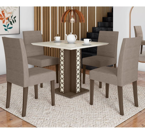 Mesa De Jantar Quadrada Isis Com Vidro 90cm 4 Cadeiras Cewt