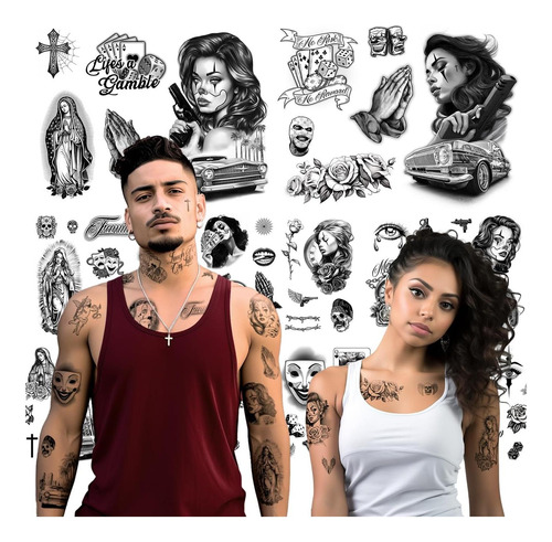 Los Vatos Chicano Bundle - 8 Hojas De Tatuajes Temporales Ch