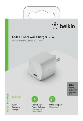 Imagen 1 de 10 de Belkin Cargador Boost Charge Usb C 30w Carga Rápida Gantech