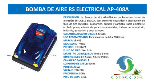 Imagen 5 de 10 de Bomba De Aire Para Acuario Venus Aqua Ap-408a + Delivery