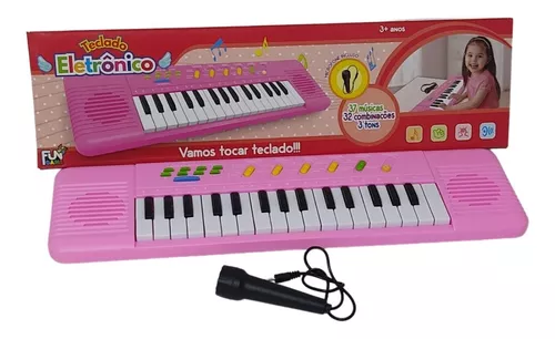 Teclado Infantil Rosa Com Microfone - Musical Resistente - Escorrega o Preço