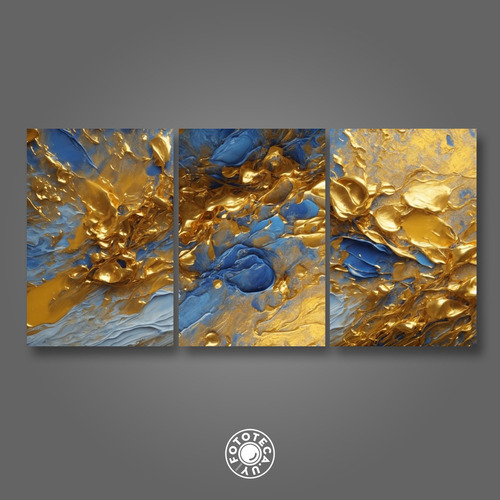 Cuadro Decorativo Tríptico Oro Y Azul 120x60 Pvc 5mm