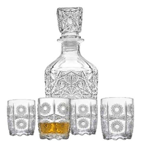 Juego De Decantador De Whisky Bourbon Coñac Licor + 4 Vasos