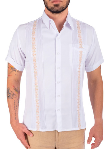 Guayabera Yucateca De Lino Seda Bordada Mod Calatmul Mc