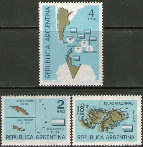 Argentina Serie X 3 Sellos Mint 60° Aniv. Posesión Islas Orcadas, Islas Malvinas = Mapa De La Antártida Año 1964 