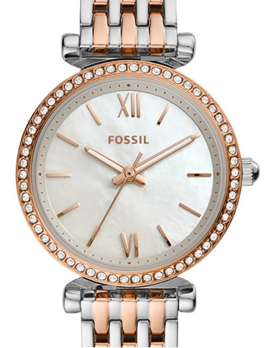 Reloj Fossil Carlie Mini Dama Es4649 Plata Oro Rosa Original Color de la correa Plateado/Oro rosa Color del fondo Aperlado