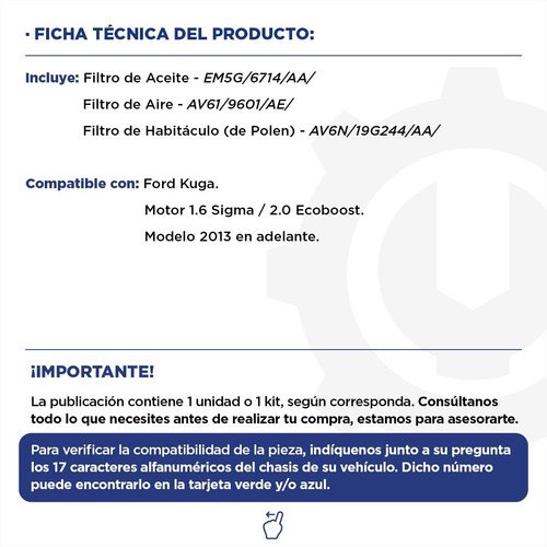 Imagen 2 de 9 de Kit 3 Filtros Aceite + Aire + Polen - Ford Kuga 1.6 2.0 13+