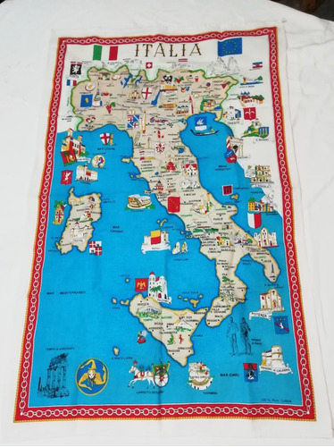 Antiguo Repasador Importado De Algodón Grande Mapa Italia 