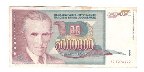 Billete Nicolas Tesla 5,000,000 De Dinara 1993 Yugoslavia