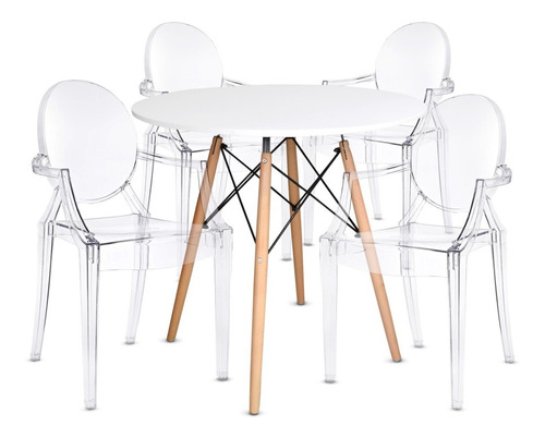 Juego Comedor Mesa Eames Redonda + 4 Sillas Ghost Con Brazos