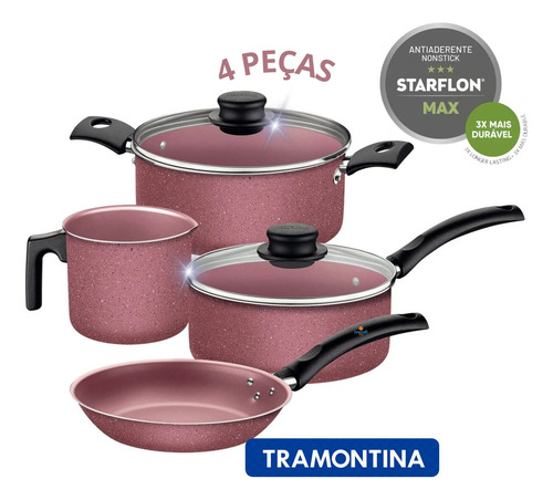 Jogo Panelas Tramontina Rosa Antiaderente Inox Conjunto 4 Pç