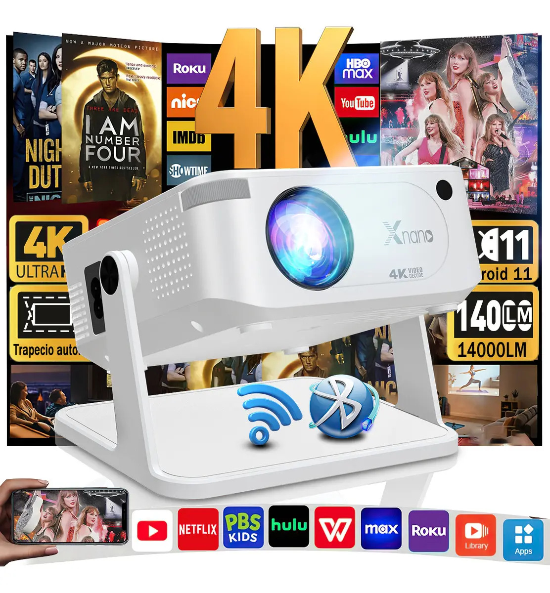 Proyector Xnano 4k Android 14000 lm Mini LED Portátil Inteligente Dual Wifi 6 Auto Corrección Keystone 1080p Nativo Bt 5.2 Sonido Hi-Fi With Ajustable Color White