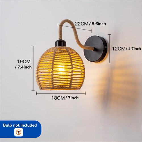 Aplique De Luz De Pared Rústica Tejida A Mano De Ratán E27