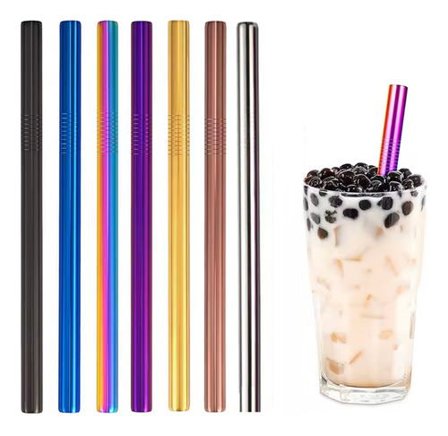 Set 7 Popote Metalico 12mm Acero Tapioca Con Cepillo Y Bolsa