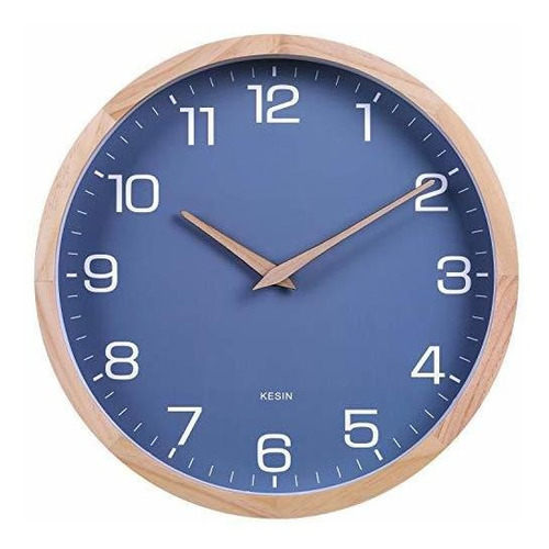 Reloj De Pared De Madera Azul De 12 Pulgadas, Silencioso, Re