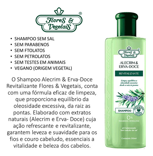 1 Shampoo Flores E Vegetais Alecrim E Erva Doce 310ml Vegano