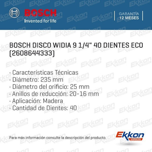 Imagen 2 de 8 de Disco Widia Bosch 9 1/4 40 Dientes Eco