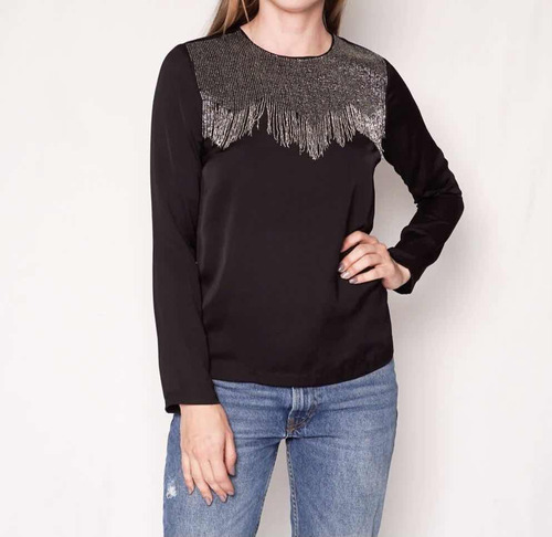 Remera Sandro Mujer Blusa Negra Con Mostacillas