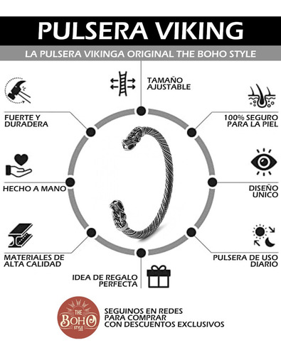 Pulsera Torque Vikinga Fenrir Lobo Dragon Acero Quirurgico Plateado 7 Cm 22 Cm
