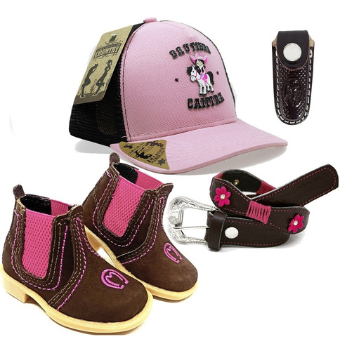 Conjunto Infantil Botina Rosa Bone Brutinha + Cinto E Bainha