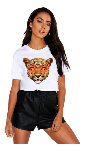 Polera Dama Estampada 100%algodon Leopard Gafas Animal Print