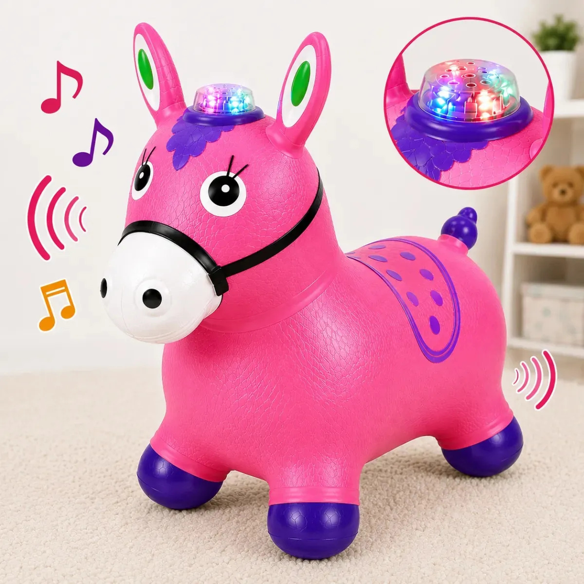 Cavalinho Upa Upa Musical Infantil Pula Pula Inflavel de PVC com Luz LED e Som Brinquedo para Bebe a partir de 12 Meses Suporta ate 54 kg Baterias Inclusas Selo Inmetro Pratitudo T
