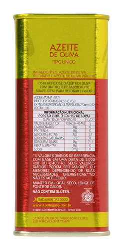 Imagem 4 de 7 de Azeite De Oliva Gallo Tipo Único Lata 500ml