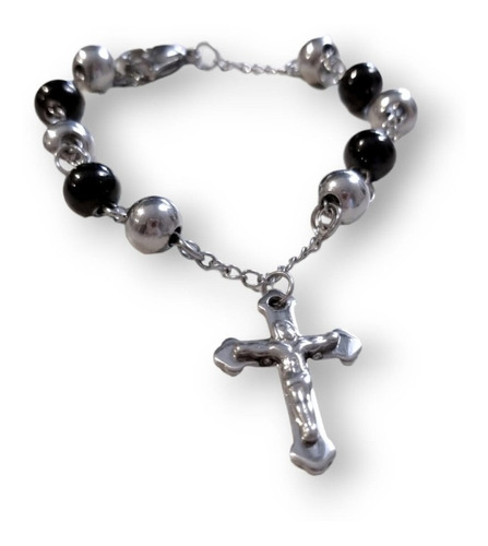 Pulsera Acero Quirúrgico Dije Cruz Cristo Bolitas Esmaltado