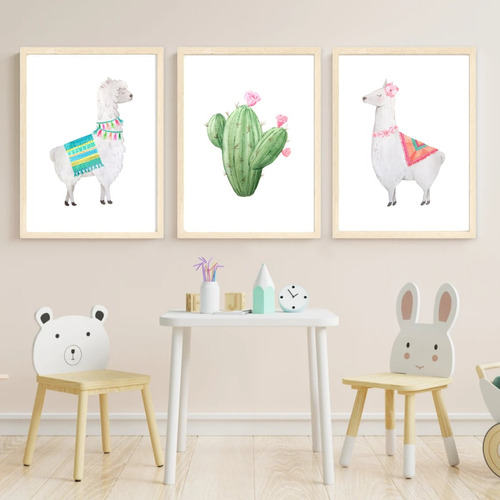 Set X3 Cuadros Infantiles Llama Cactus 20x30 Completos!