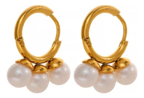 Aros Zarcillos Triple Perla Acero Inoxidable Bañado En Oro