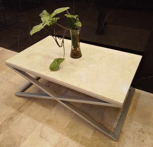 Mesa Living Equis 100x60 Mármol New Beige. Hierro Pintado