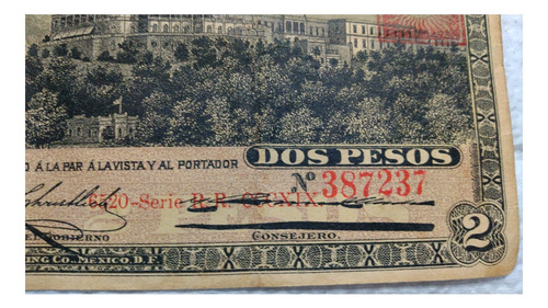 Billete El Banco Oriental De Mexico $2 Pesos 1914 (Usado)