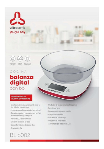 Balanza de cocina digital Ultracomb BL-6002 pesa hasta 3kg