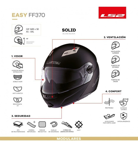 Imagen 4 de 5 de Casco Moto Rebatible Ls2 370 Brillo Doble Visor Solomototeam