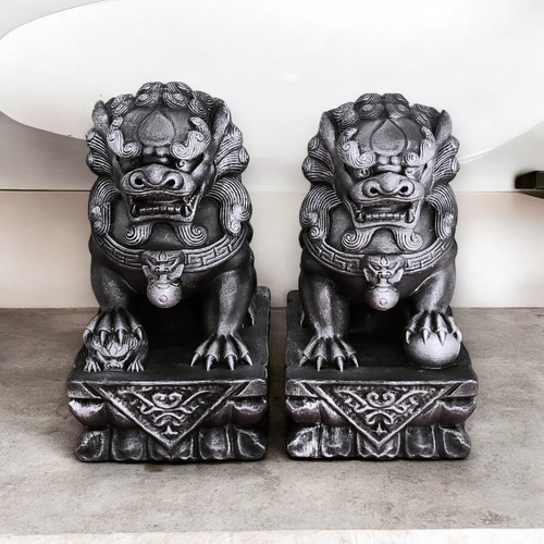 Pareja De Perros Fu De Gran Tamaño 20 Cm Plateado