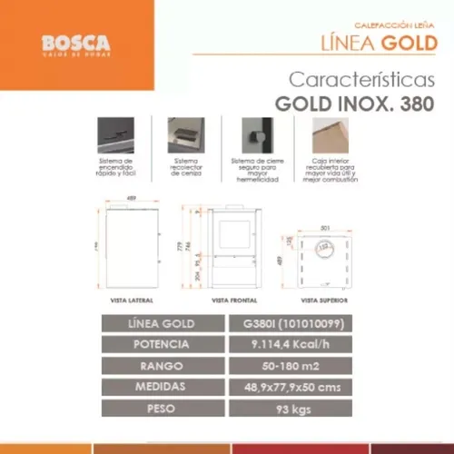 Salamandra Bosca Gold 380 Ac Inox Estufa Leña Acero