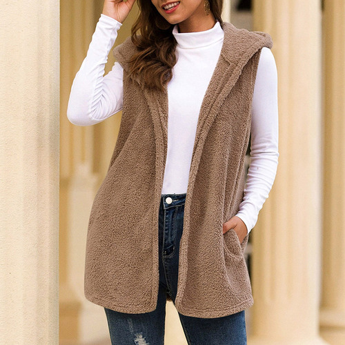 Chaleco Casual De Felpa Con Capucha De Color Liso De Longitu