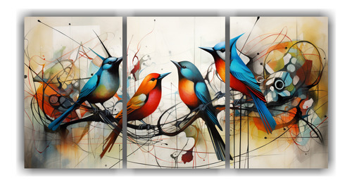 90x45cm Trío De Cuadros Abstractos De Pájaros En Movimient