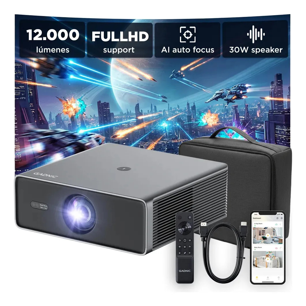 Proyector Gadnic FHD 400 ANSI 12000 Lumenes GTV Conexion Inalambrica 6 BT 5.4 AutoFocus Auto Keystone 35-200 Pulgadas Contraste 1500:1 Altavoz 30W LED 50000 Hs