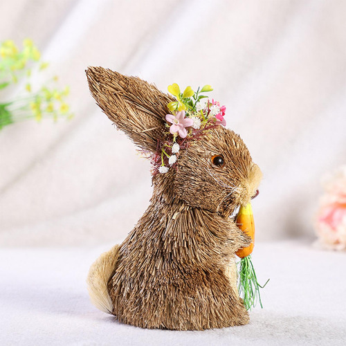Bonito Conejo De Pascua De Paja, Estatua 12x11x21cm