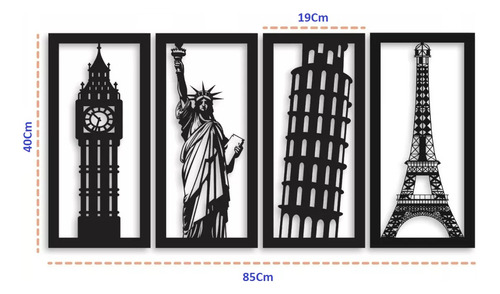 Imagen 3 de 5 de Cuadro Calado Monumentos Eiffel Libertad Pisa Big Ben Set X4