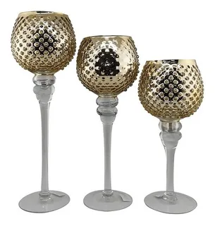 Juego De 3 Copas Portavela Puntos Dorado Base Transparente
