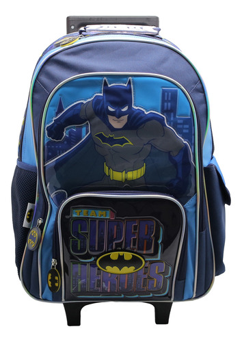 Mochila Carro Grande 18p Liga Batman Superman Color Azul Con Celeste