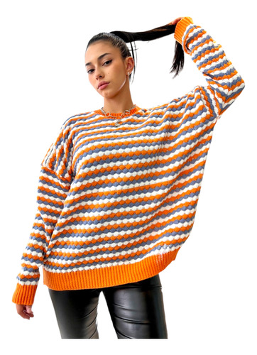 Buzo Maxi Sweater Tricolor De Lana Frizz Mujer Moda